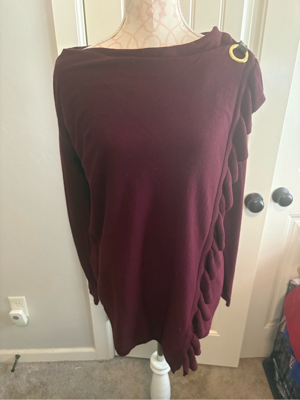 Women’s Crewneck Sweater with Side Ruffle and Ring Detail - Burgundy
